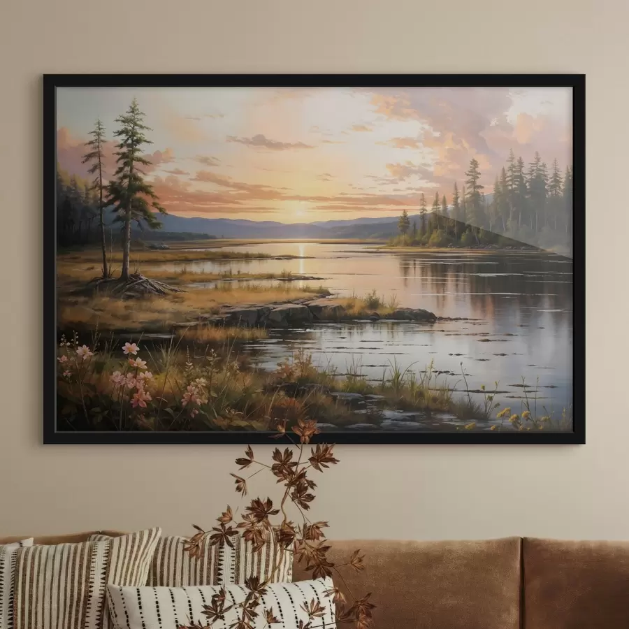 carta da parati Un paesaggio sereno con un lago circondato da pini che riflette i colori caldi del cielo al tramonto nr. f41733