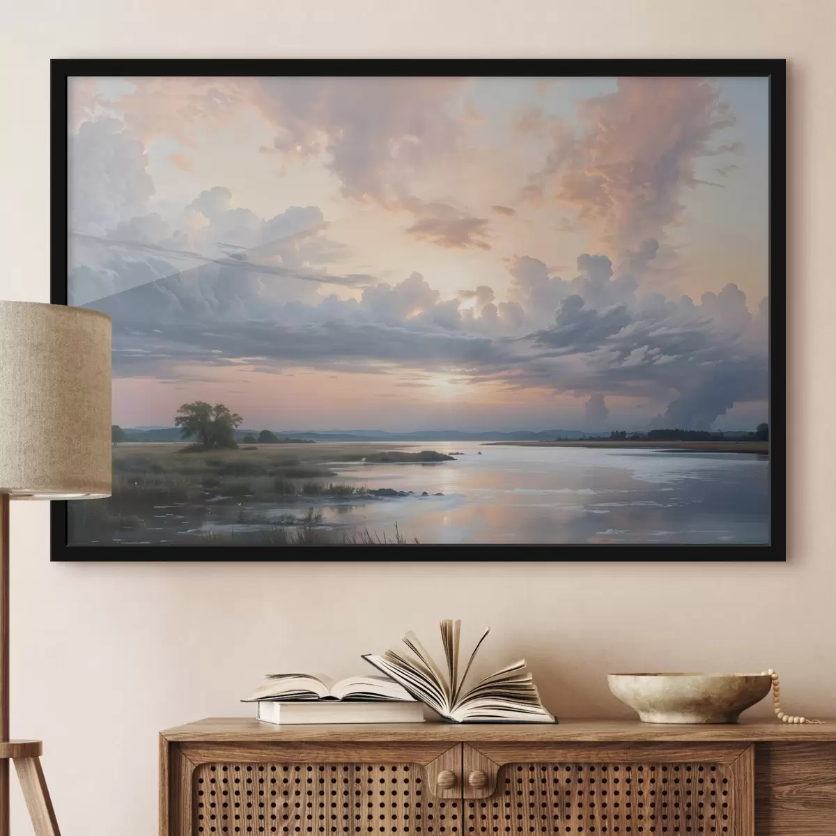 Poster Un sereno paesaggio dai colori pastello con un lago calmo che riflette il cielo colorato al tramonto f41734