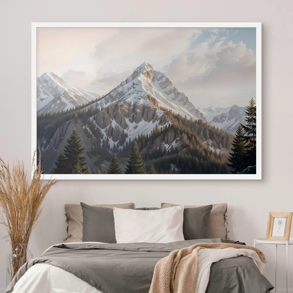 Poster Una vetta innevata che si staglia su un paesaggio boscoso, con pini in primo piano f41736