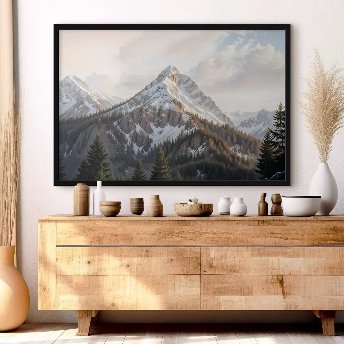 Poster Una vetta innevata che si staglia su un paesaggio boscoso, con pini in primo piano f41736