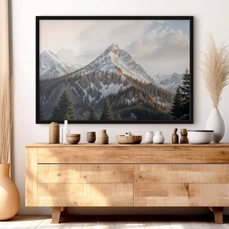 carta da parati Una vetta innevata che si staglia su un paesaggio boscoso, con pini in primo piano nr. f41736