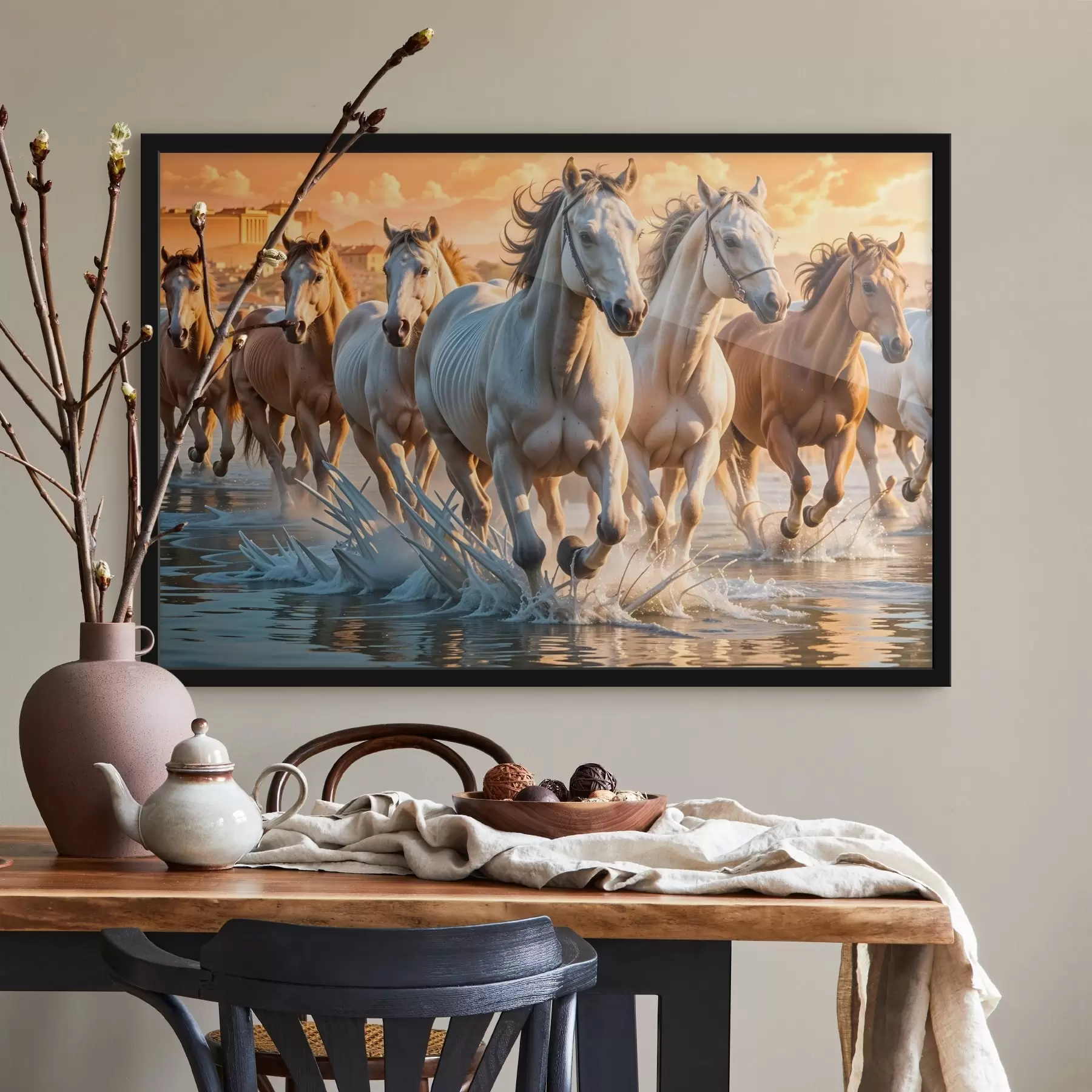 carta da parati Una mandria di cavalli bianchi che corre nell'acqua bassa, con un cielo arancione sullo sfondo nr. f41740