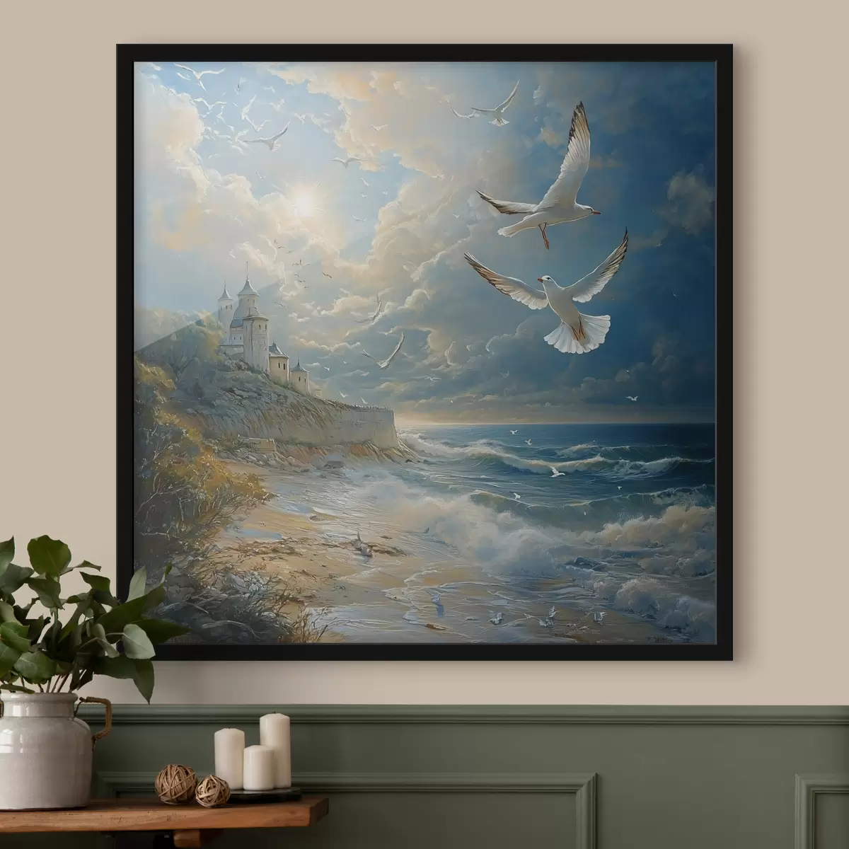 Poster La riva del mare e gli uccelli, nello stile della pittura ad olio f41756