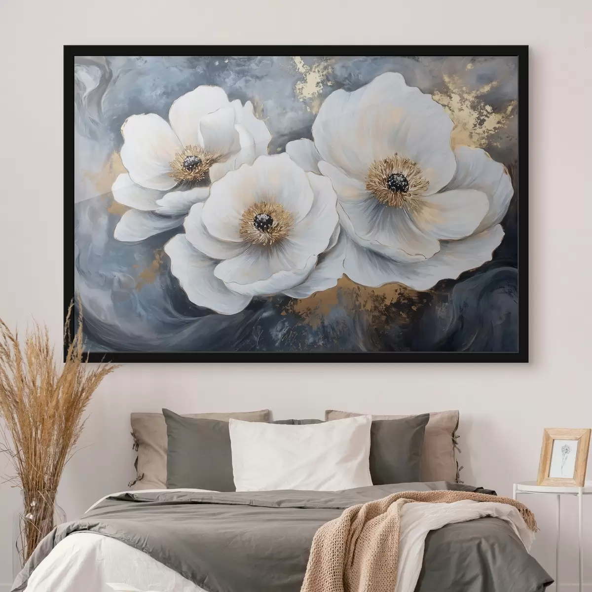 Poster Fiori bianchi e delicati su uno sfondo di pennellate di pittura ad olio f41833