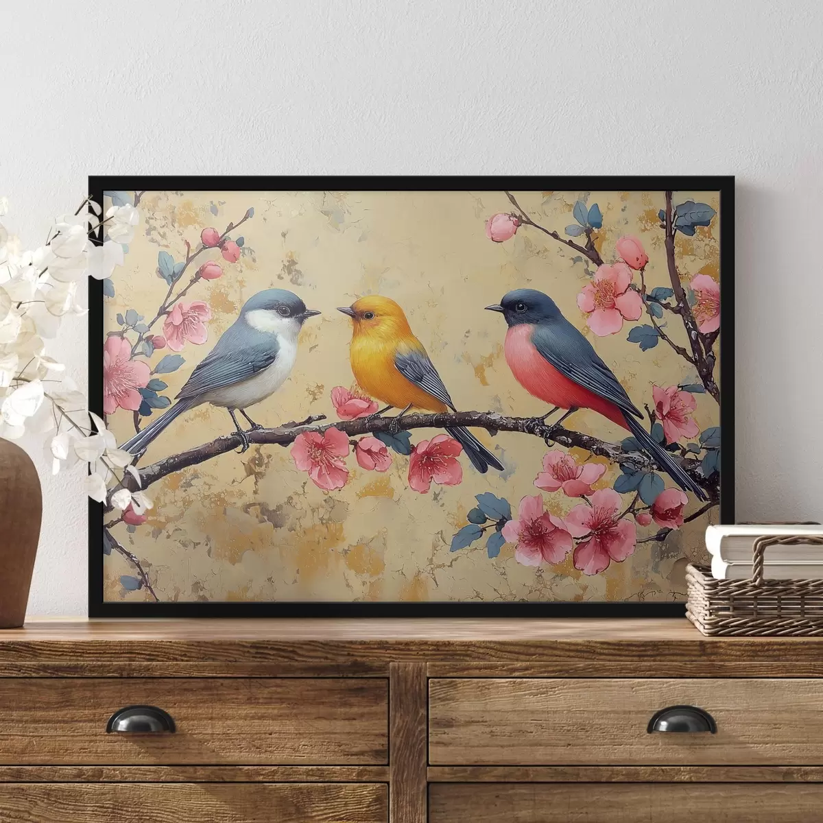 Poster Passeri su un ramo di sakura nello stile della pittura a olio f41835