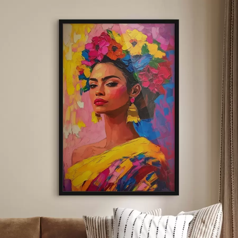 carta da parati Una donna adornata con una luminosa corona floreale su uno sfondo colorato nr. f41809