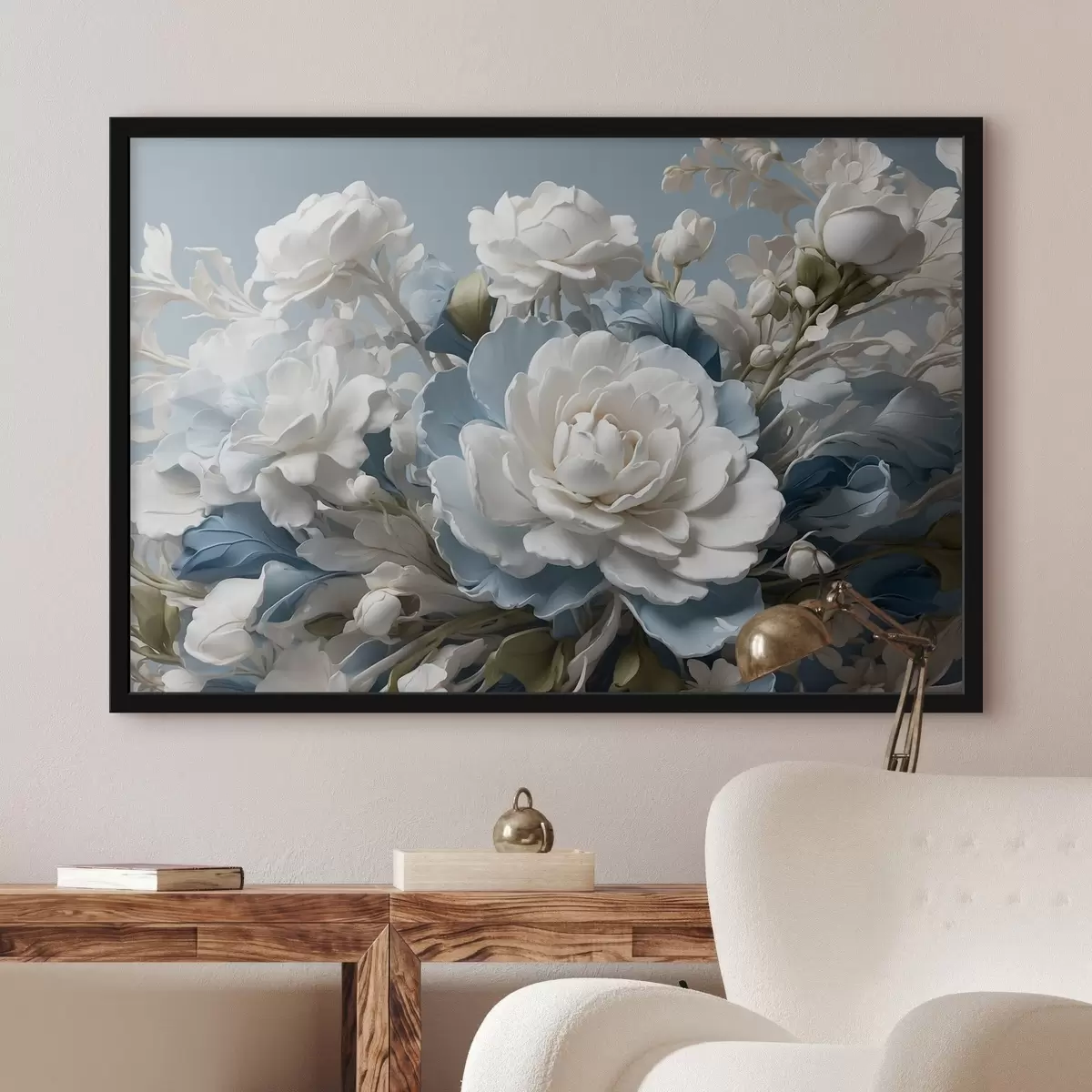 Poster Fiori e foglie bianche su sfondo blu f41527