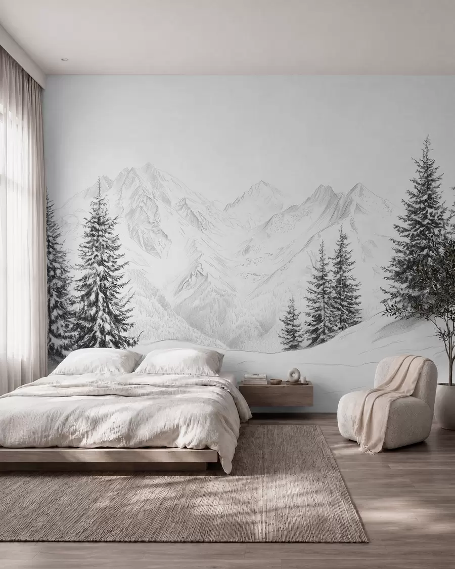 Carta da parati nature Montagne innevate, disegno a matita, minimalismo, foresta, natura 
