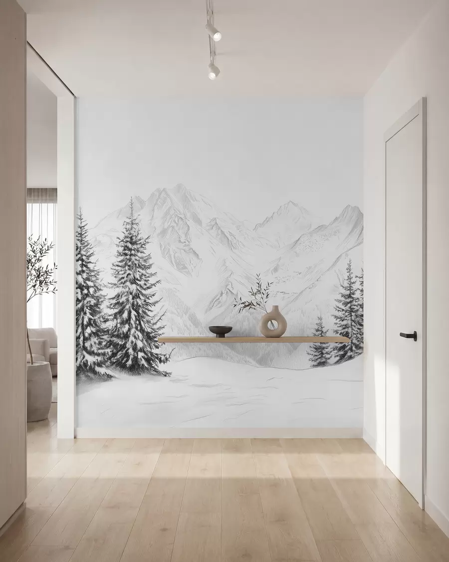 Carta da parati nature Montagne innevate, disegno a matita, minimalismo, foresta, natura 