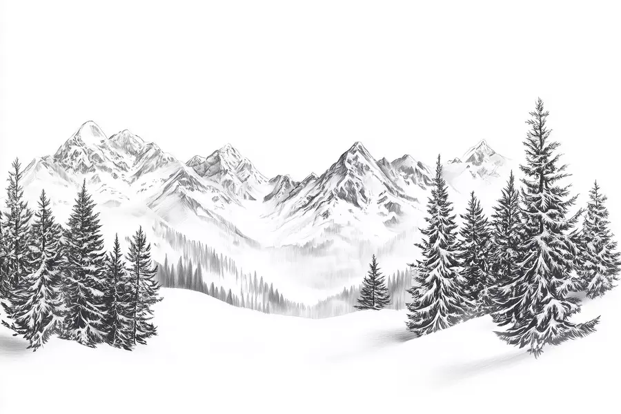 Carta da parati nature Montagne alpine nella neve, stile matita, minimalismo 