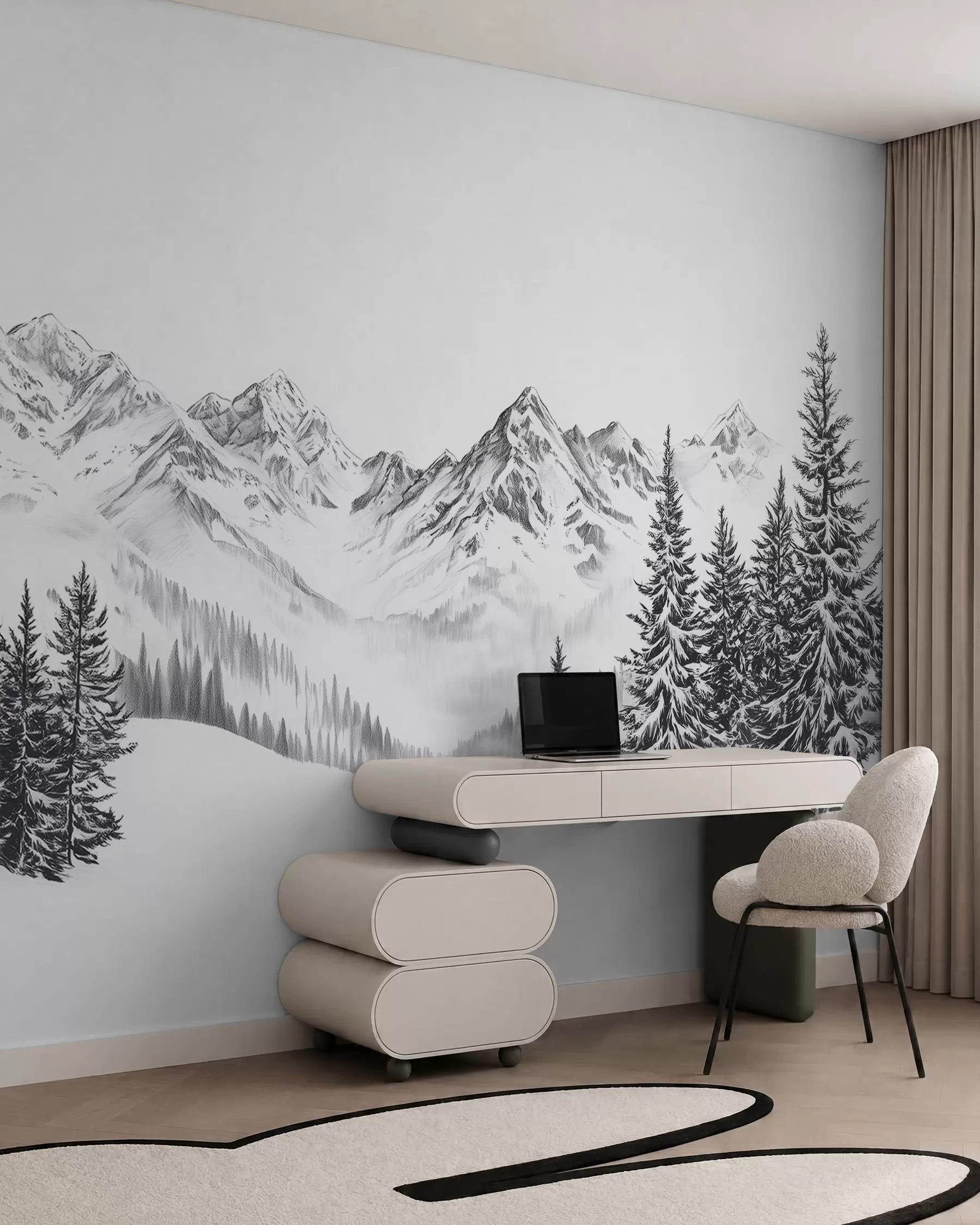 Carta da parati nature Montagne alpine nella neve, stile matita, minimalismo 