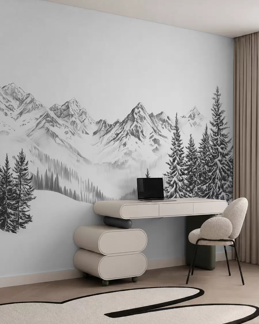 Carta da parati nature Montagne alpine nella neve, stile matita, minimalismo 