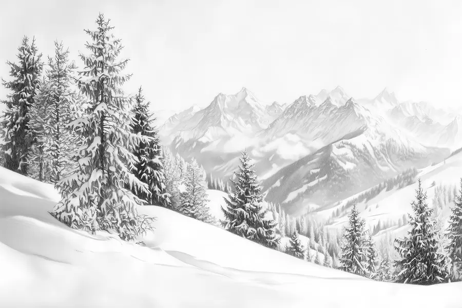 Carta da parati nature Inverno in montagna, foresta, Alpi, disegno a matita, paesaggi naturali 