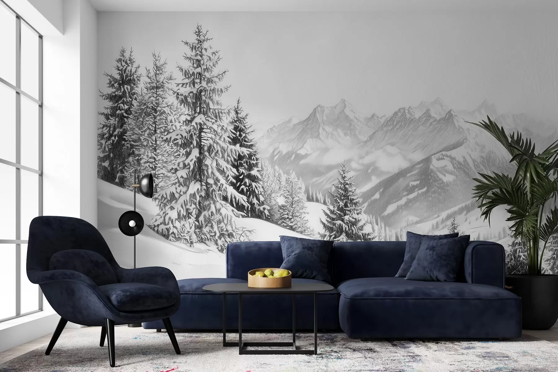 Carta da parati nature Inverno in montagna, foresta, Alpi, disegno a matita, paesaggi naturali 