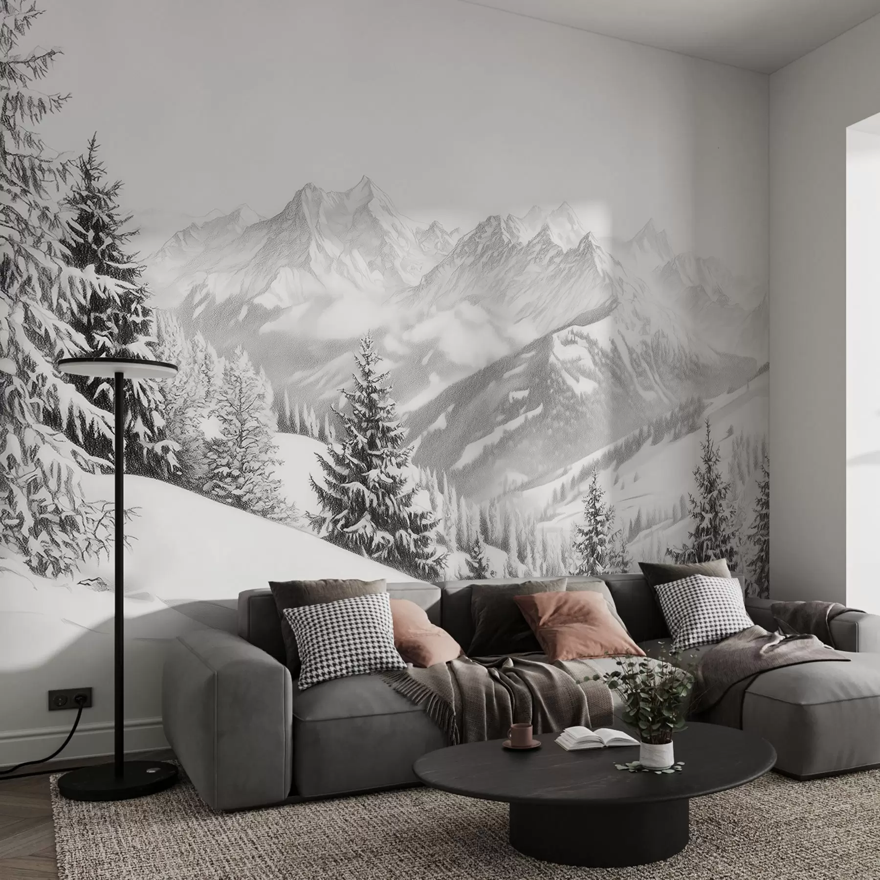 Carta da parati nature Inverno in montagna, foresta, Alpi, disegno a matita, paesaggi naturali 