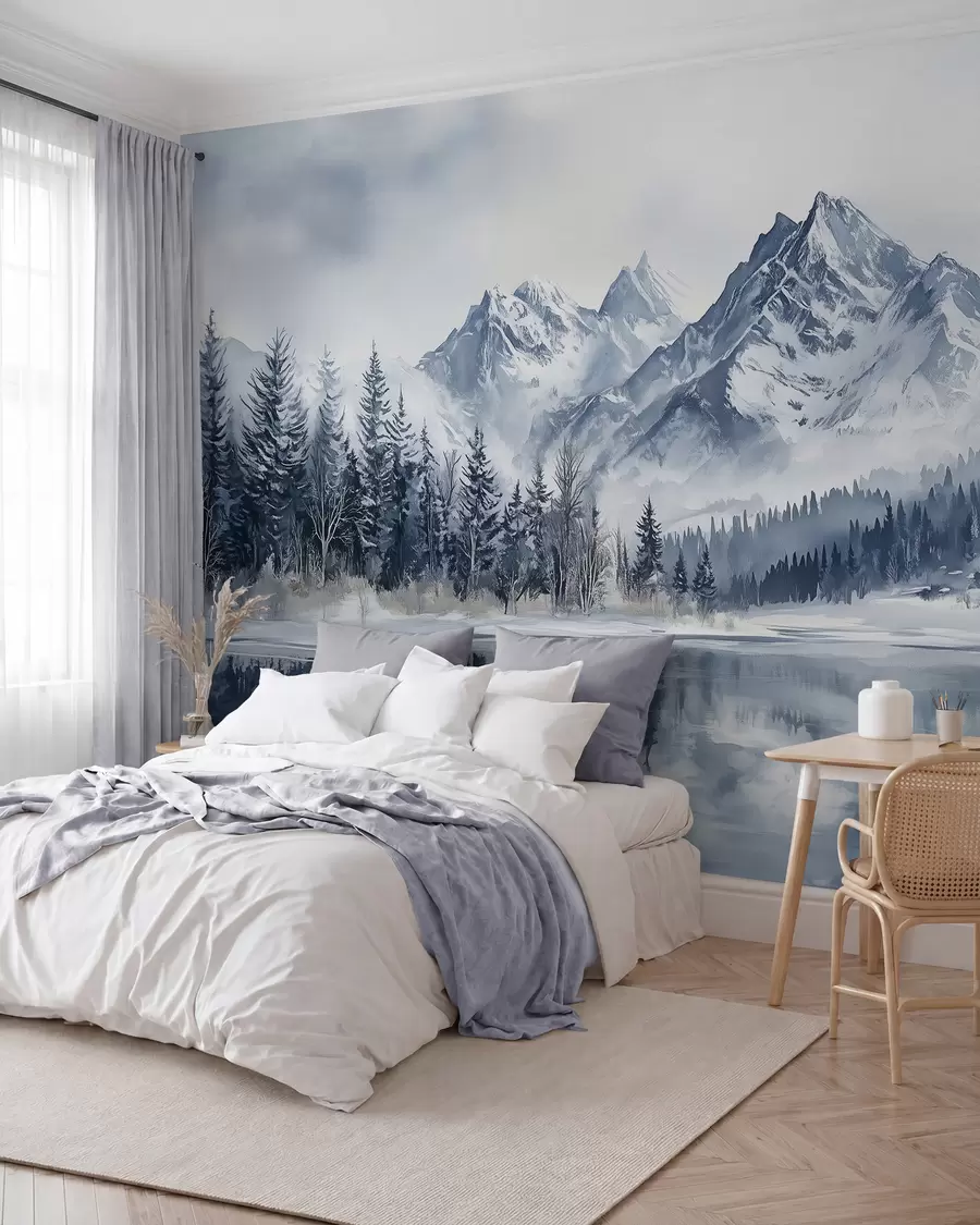 Carta da parati nature Alpi innevate, foresta invernale, lago ghiacciato, tavolozza di colori blu  