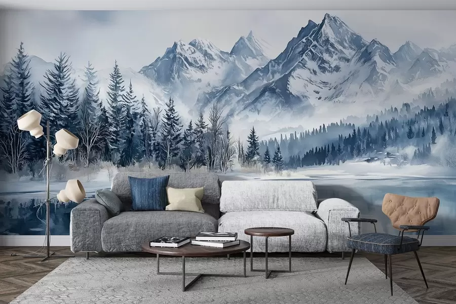 Carta da parati nature Alpi innevate, foresta invernale, lago ghiacciato, tavolozza di colori blu  
