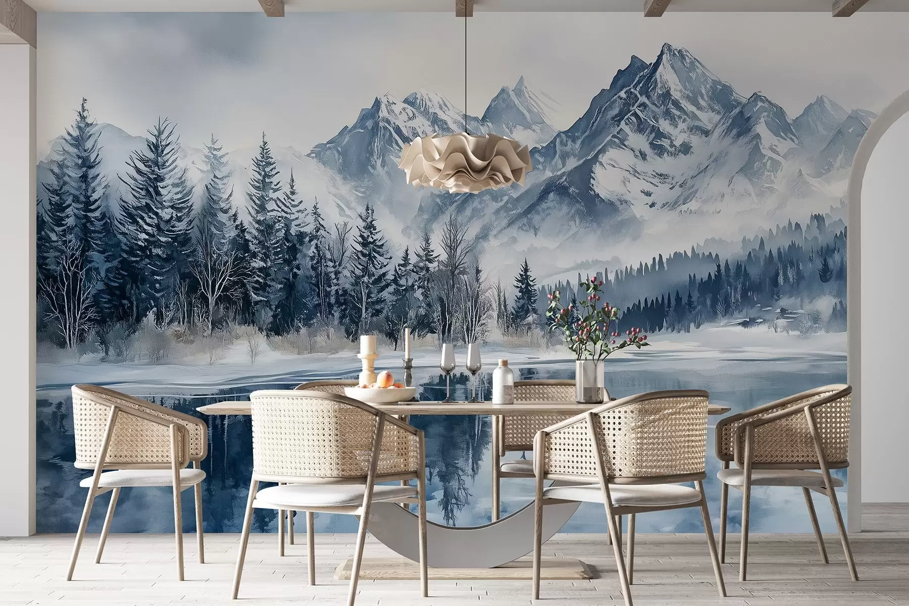 Carta da parati nature Alpi innevate, foresta invernale, lago ghiacciato, tavolozza di colori blu  