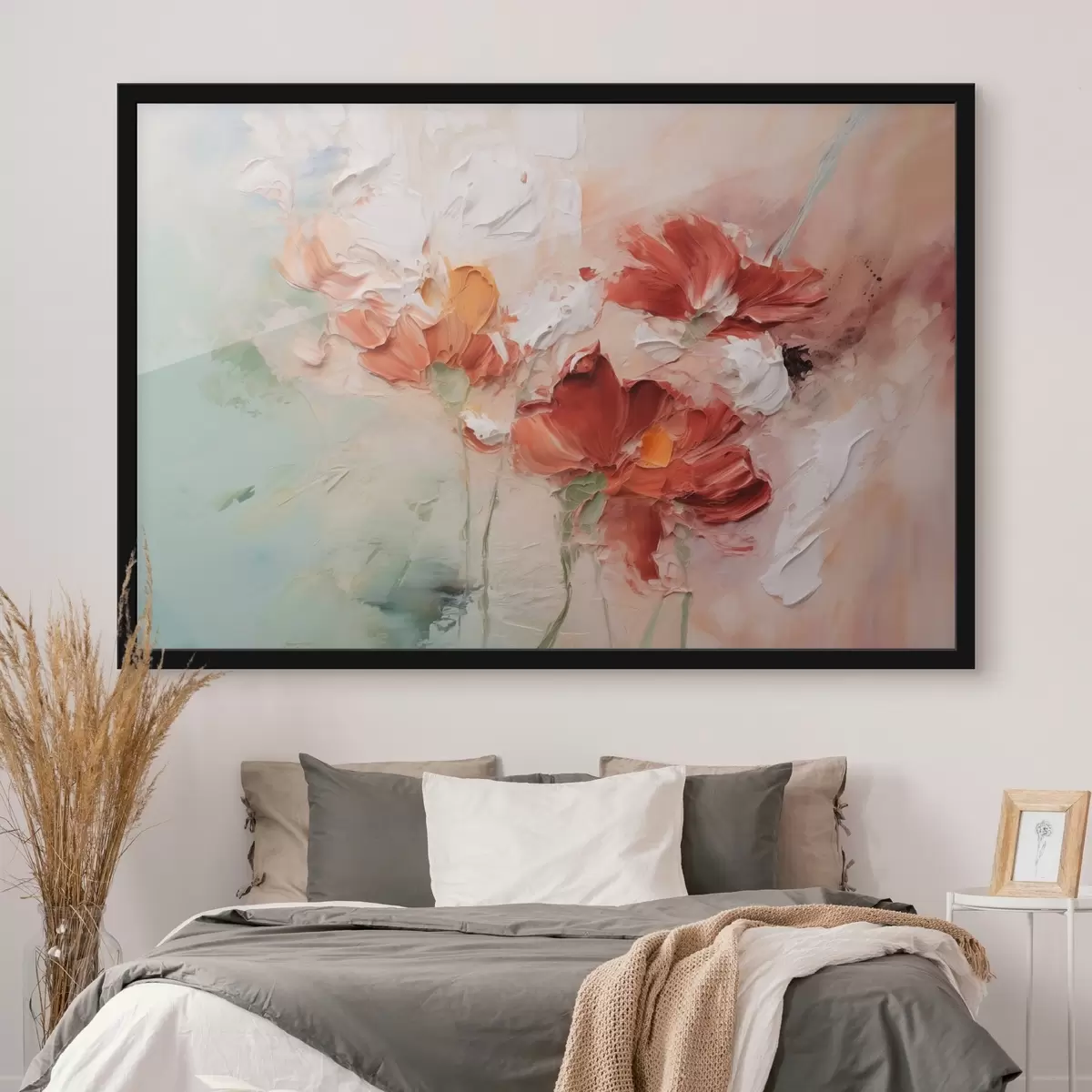 Poster Composizione astratta di fiori, imitazione della pennellata, sfumature verdi e rosse f41852