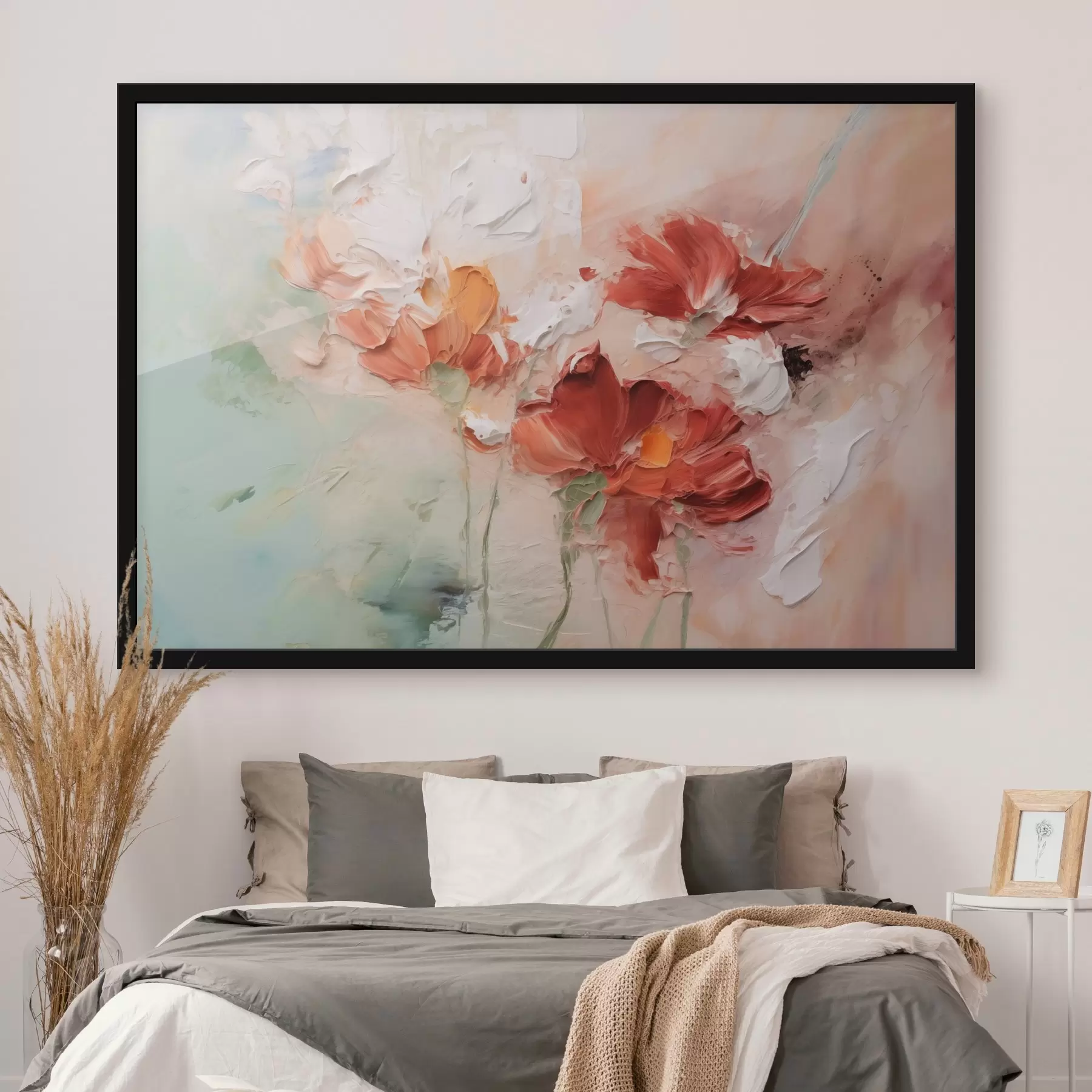 carta da parati Composizione astratta di fiori, imitazione della pennellata, sfumature verdi e rosse nr. f41852