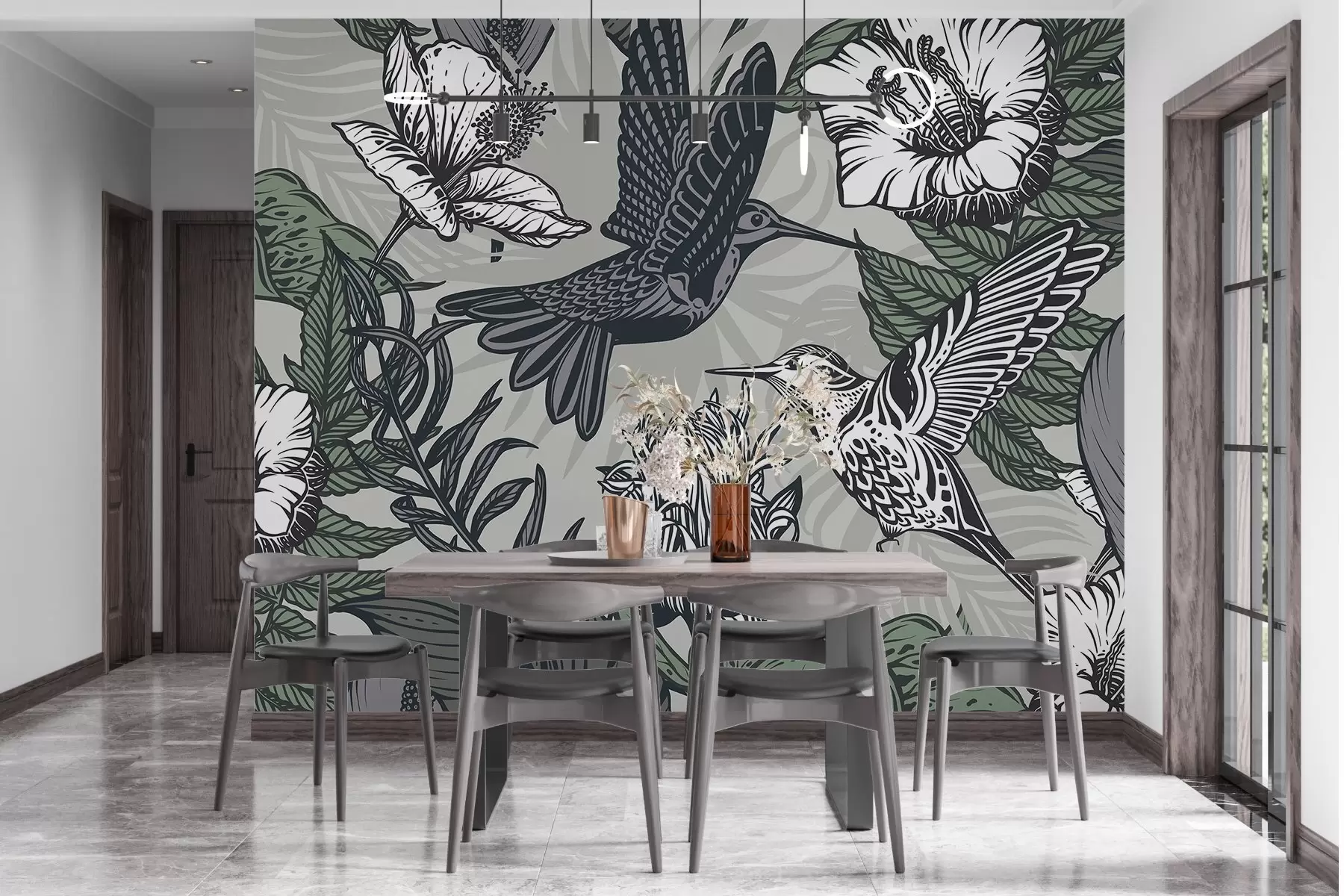 carta da parati Colibrì e fiori in fiore su sfondo grigio nr. w02362v1