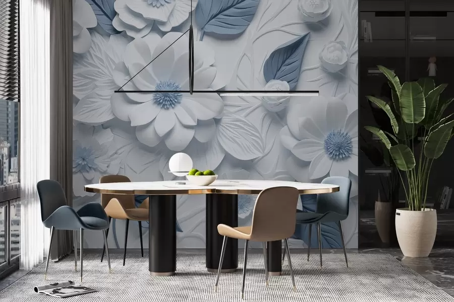 Carta da parati Floreale Fiori volumetrici in gesso in due colori n. w02006v1