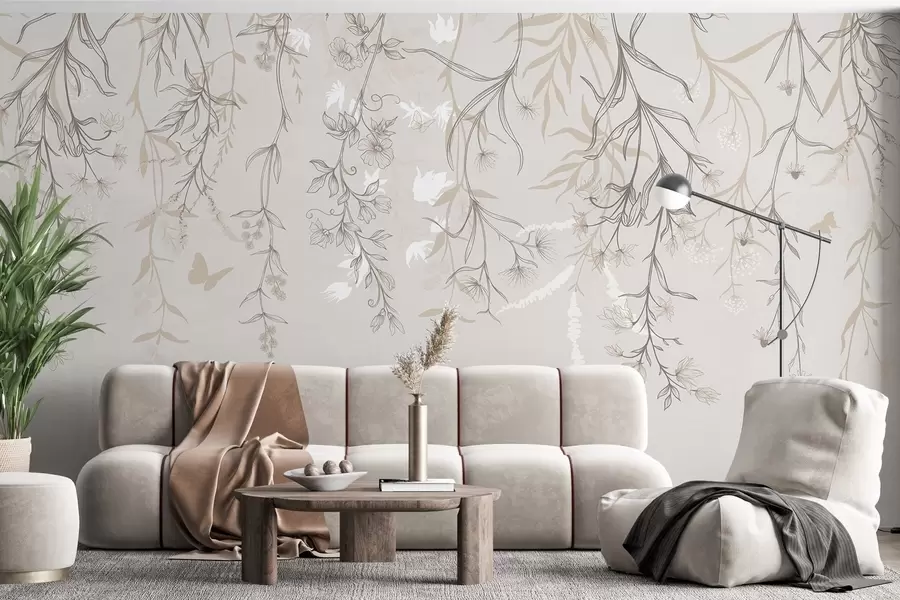 carta da parati Fiori sottili e lineari che pendono dalla montagna nr. w02007