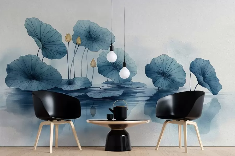 Carta da parati Floreale Foglie di loto sopra l'acqua su un muro di cemento n. w02011