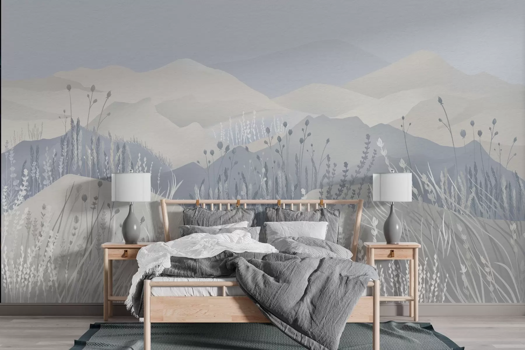 carta da parati Montagne nebbiose, erbe di campo e fiori nei toni del blu nr. w02317v1