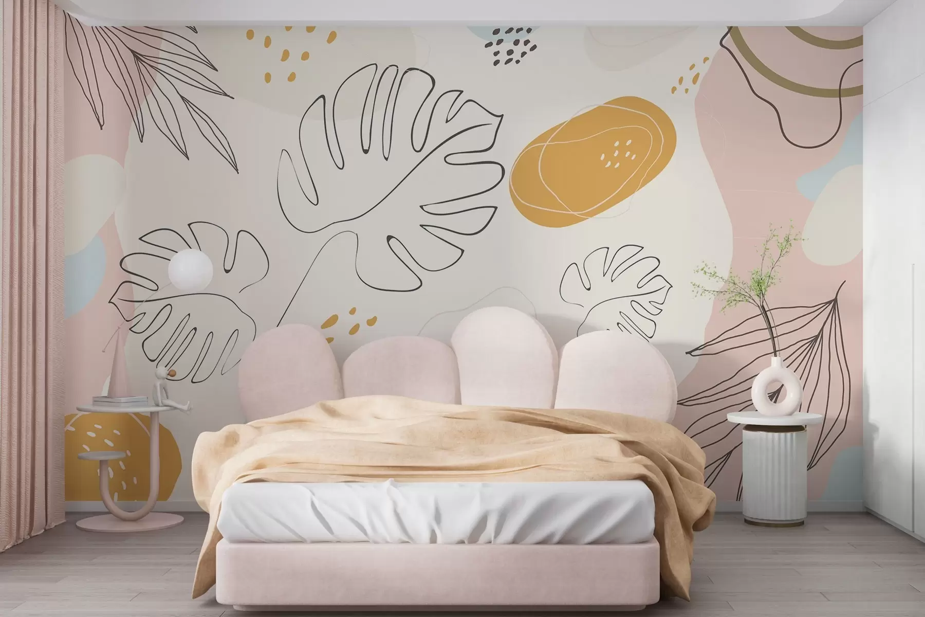 carta da parati Design boho con foglie e figure in colori pastello nr. w02322