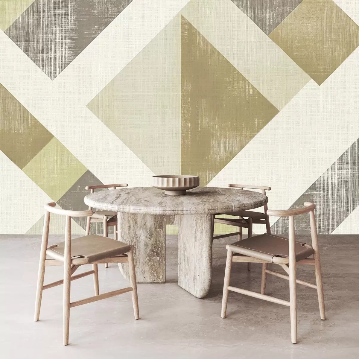 carta da parati Una moderna carta da parati geometrica con forme sovrapposte nei toni morbidi del beige, dell'oliva e del tortora. nr. w02341