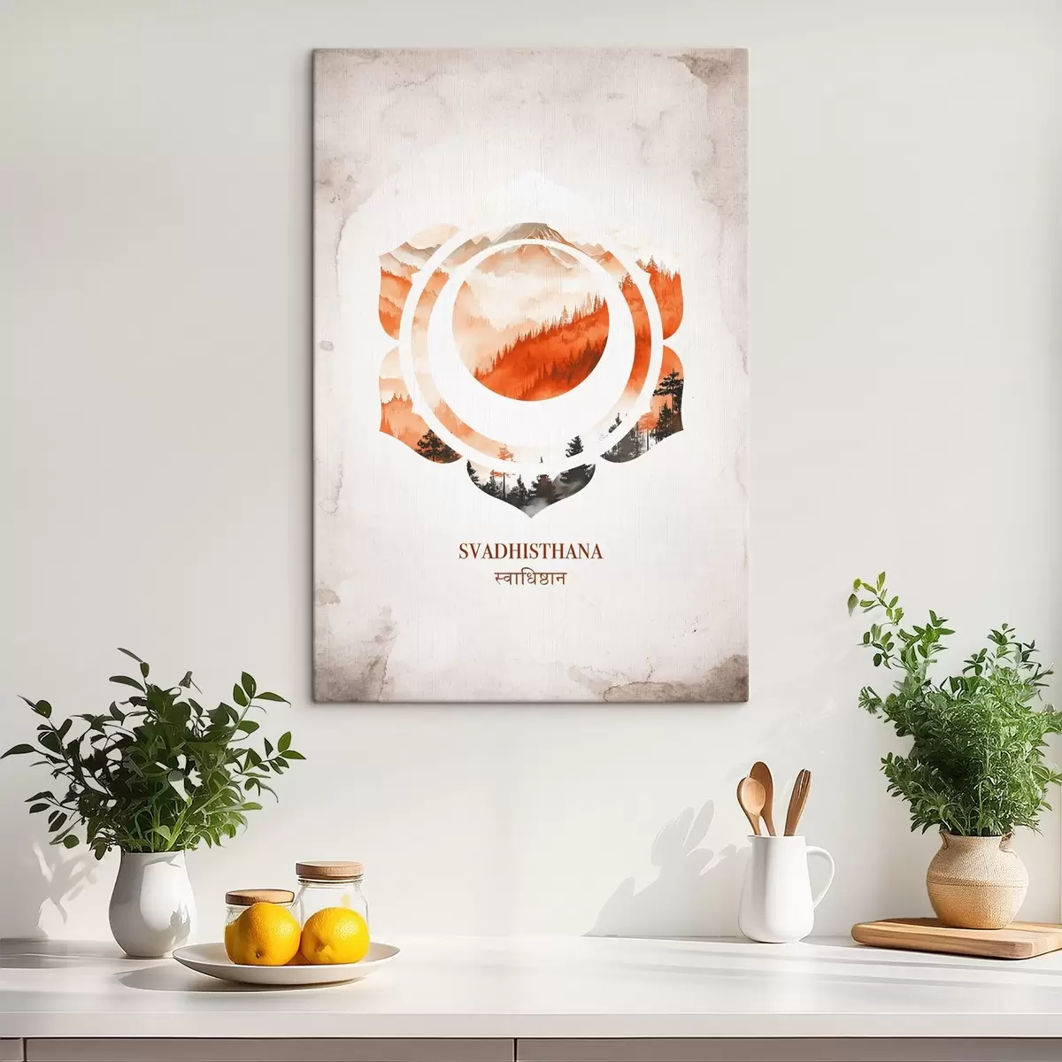 carta da parati Chakra Svadhisthana, chakra arancione, esoterico, meditazione, buddismo, montagne in stile acquerello nr. s41881
