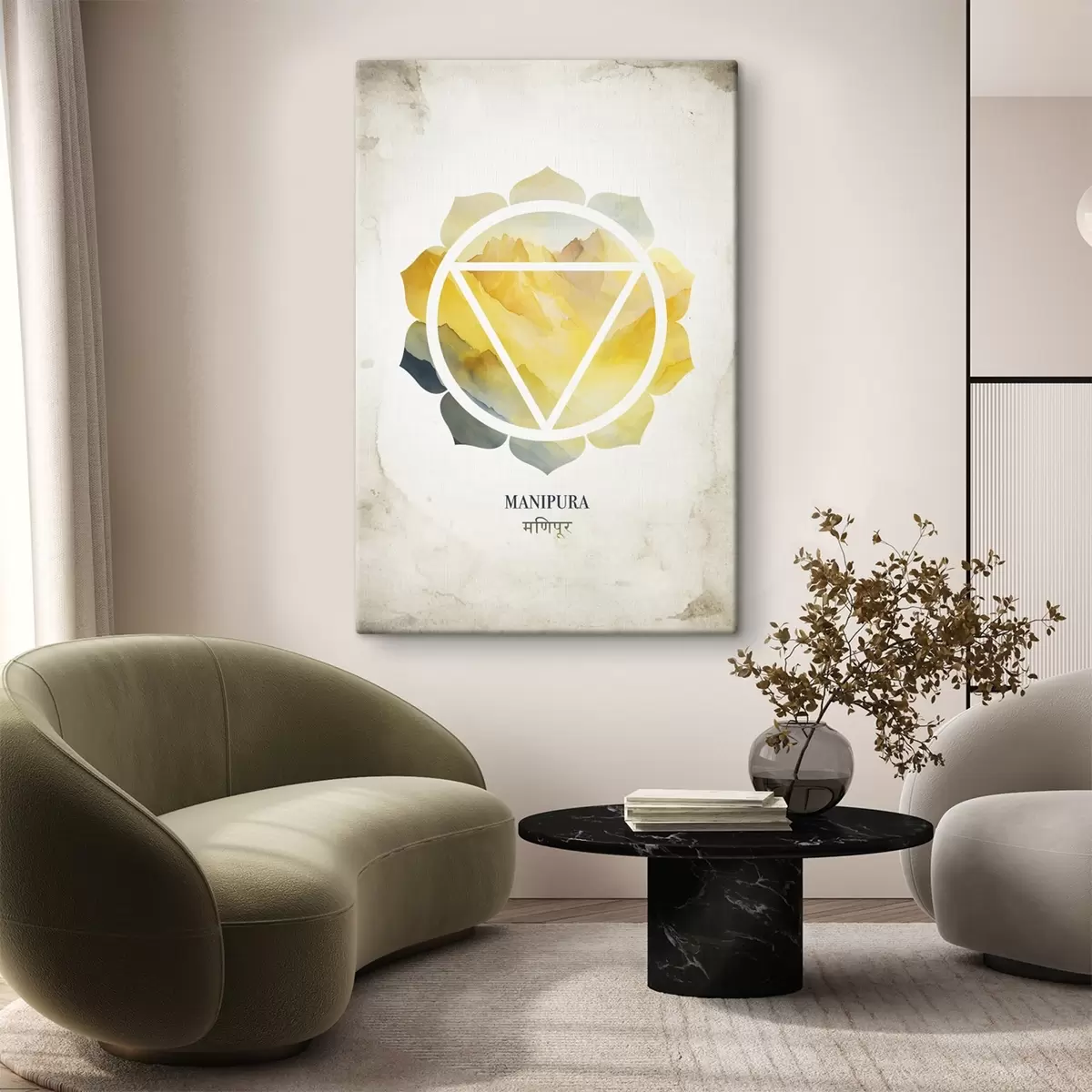 carta da parati Manipura chakra, chakra giallo, esoterico, meditazione, buddismo, montagne in stile acquerello nr. s41882