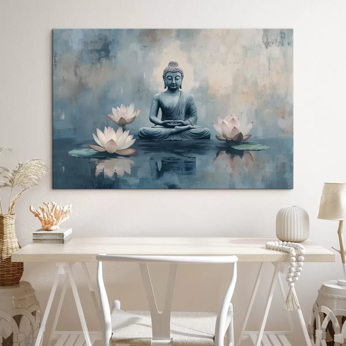 carta da parati Buddha in meditazione nel lago con fiori di loto, stile orientale, acrilico nr. s41891