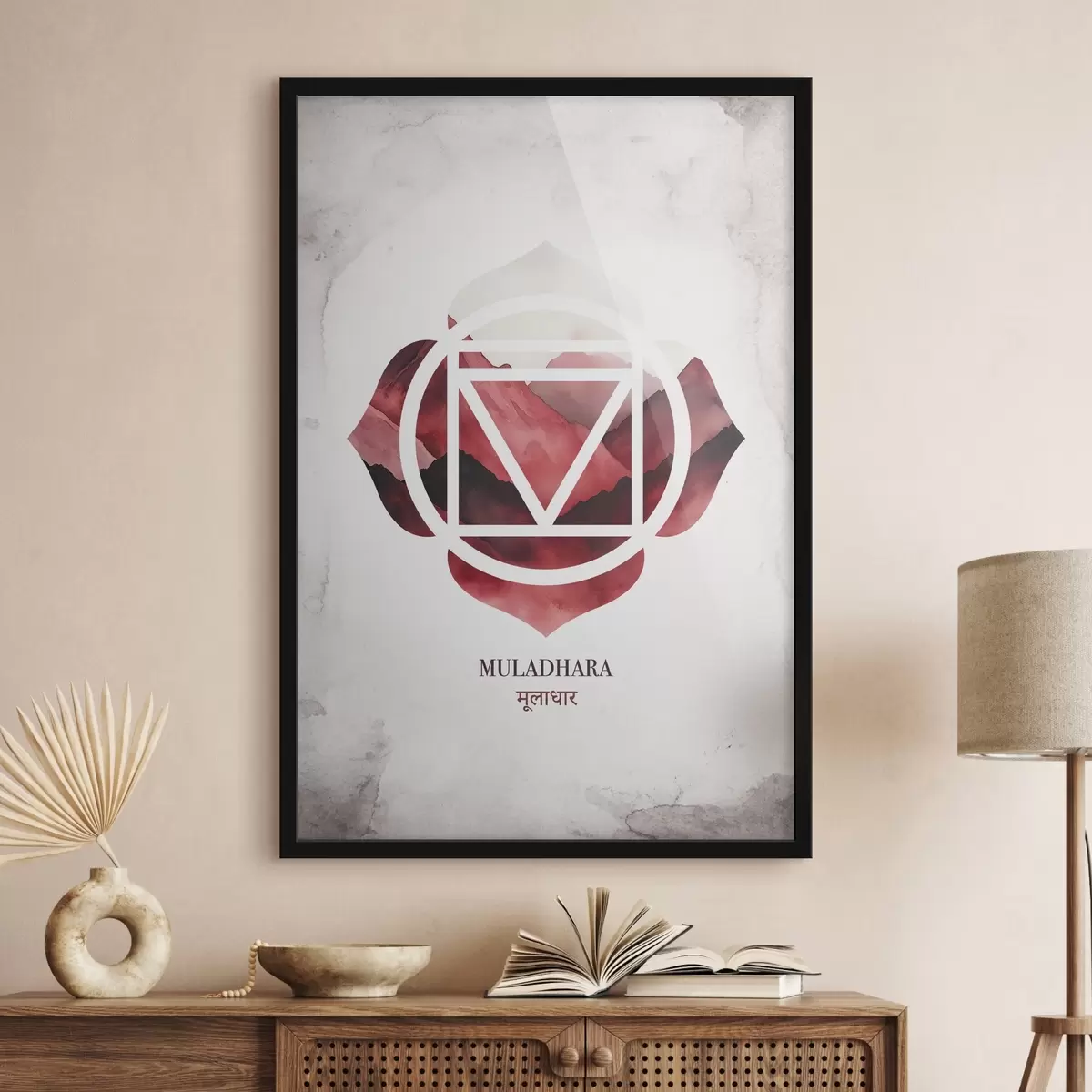 Poster Muladhara chakra, chakra rosso, esoterico, meditazione, buddismo, montagne in stile acquerello f41880