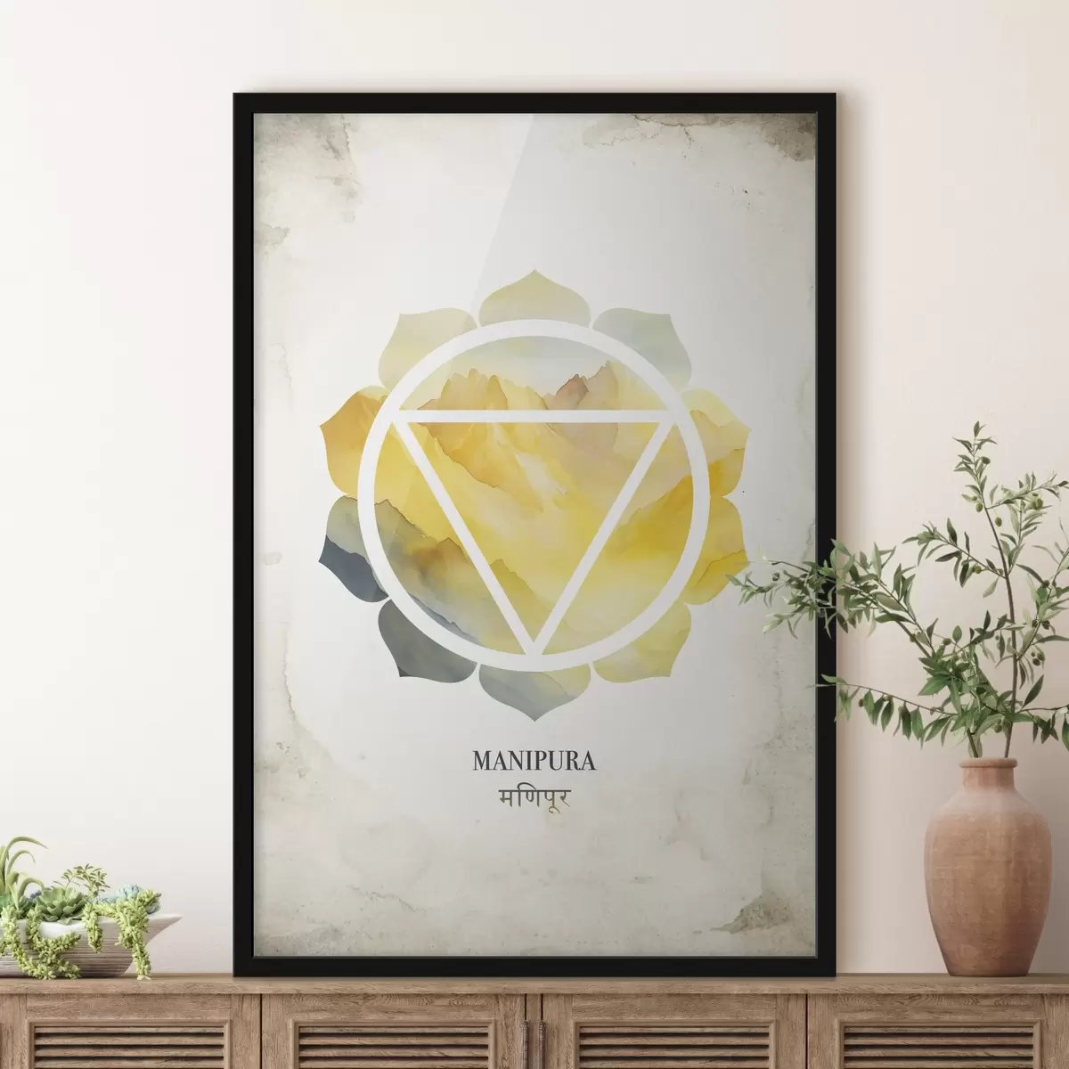 Poster Manipura chakra, chakra giallo, esoterico, meditazione, buddismo, montagne in stile acquerello f41882