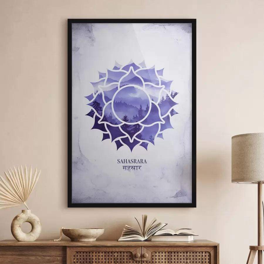 carta da parati Sahasrara chakra, chakra viola, esoterico, meditazione, buddismo, montagne in stile acquerello nr. f41886