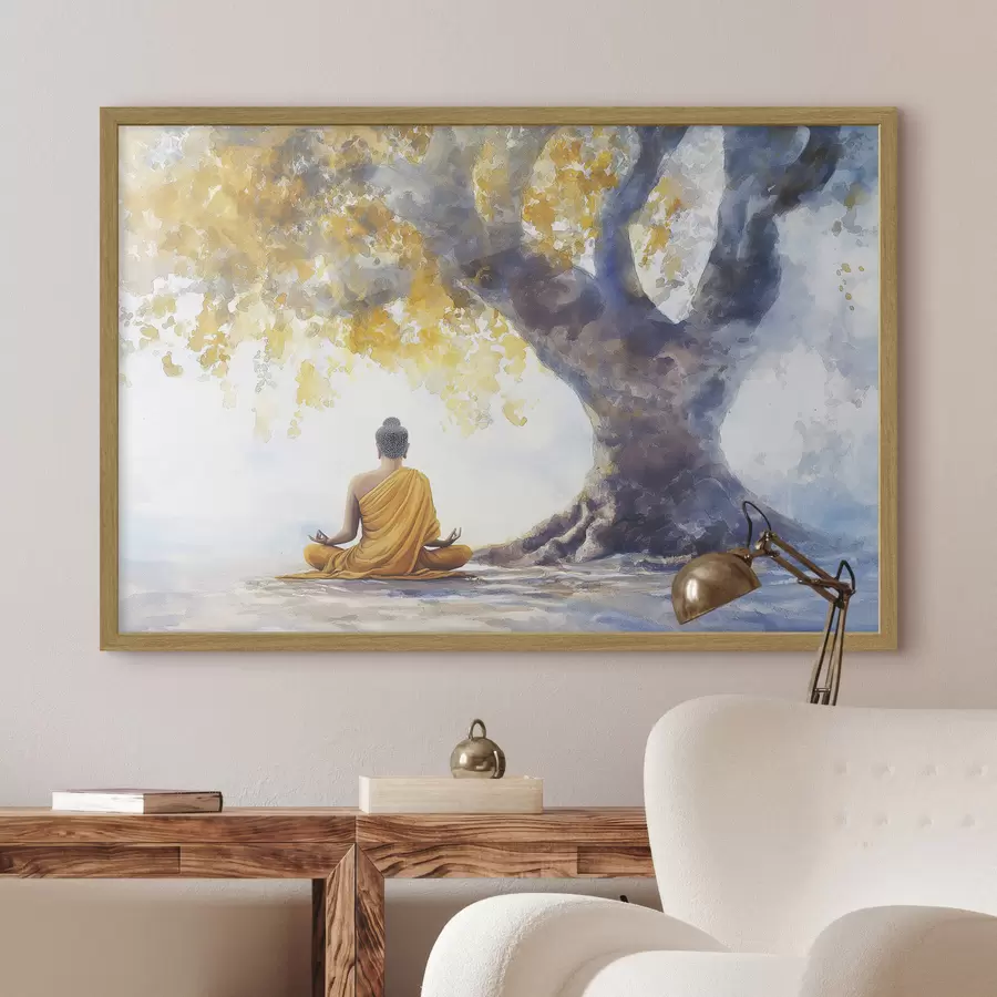 carta da parati Meditazione sotto l'albero, Buddha, stile acquerello, colori giallo e blu nr. f41888