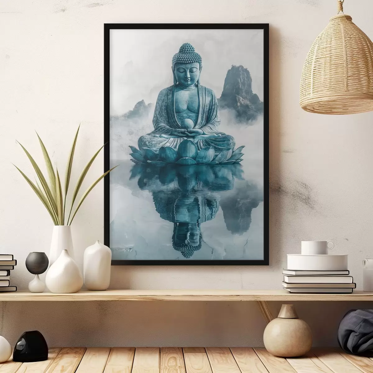 Poster Statua del Buddha, stile orientale, buddismo, montagne, lago, meditazione, spirituale f41890