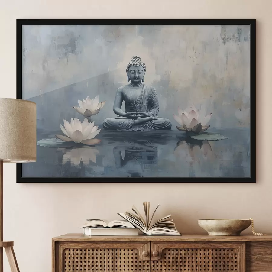 carta da parati Buddha in meditazione nel lago con fiori di loto, stile orientale, acrilico nr. f41891