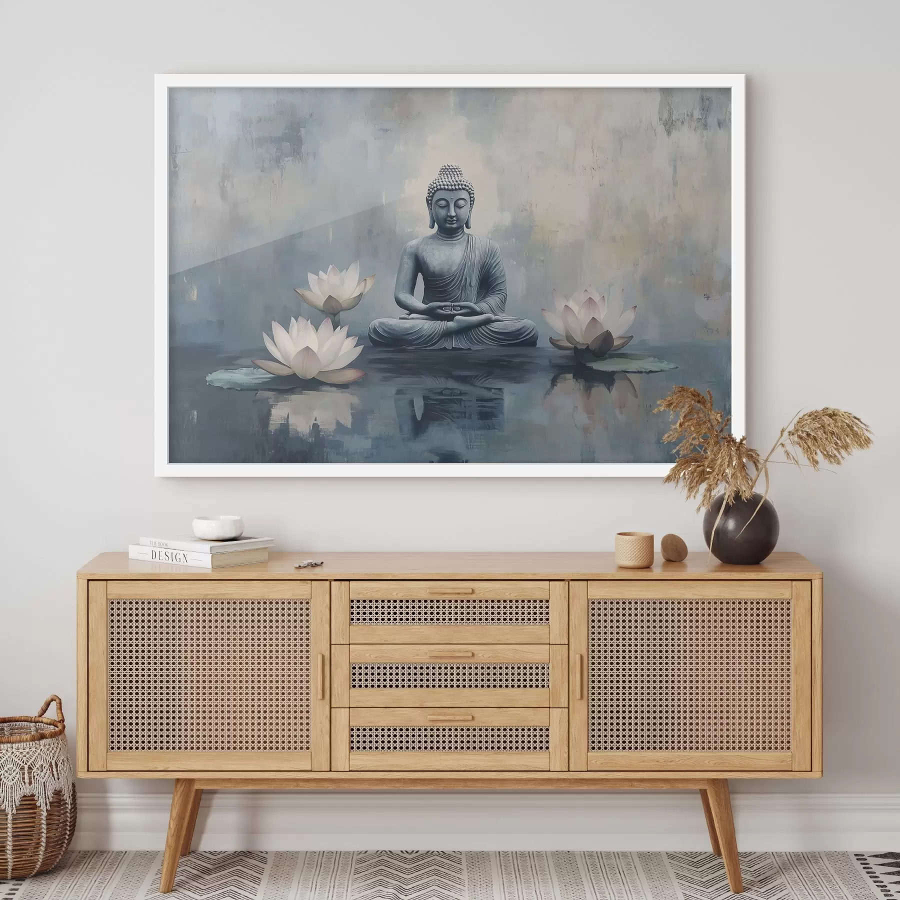 carta da parati Buddha in meditazione nel lago con fiori di loto, stile orientale, acrilico nr. f41891