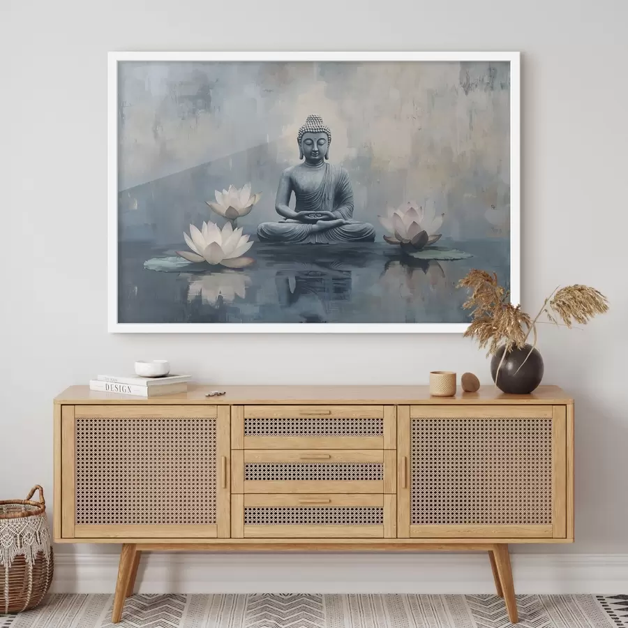 carta da parati Buddha in meditazione nel lago con fiori di loto, stile orientale, acrilico nr. f41891