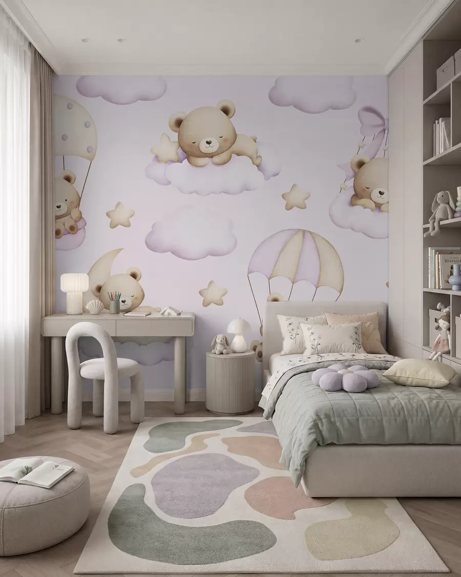 Carta da parati per Bambini Orsi su paracadute e nuvole su sfondo rosa 