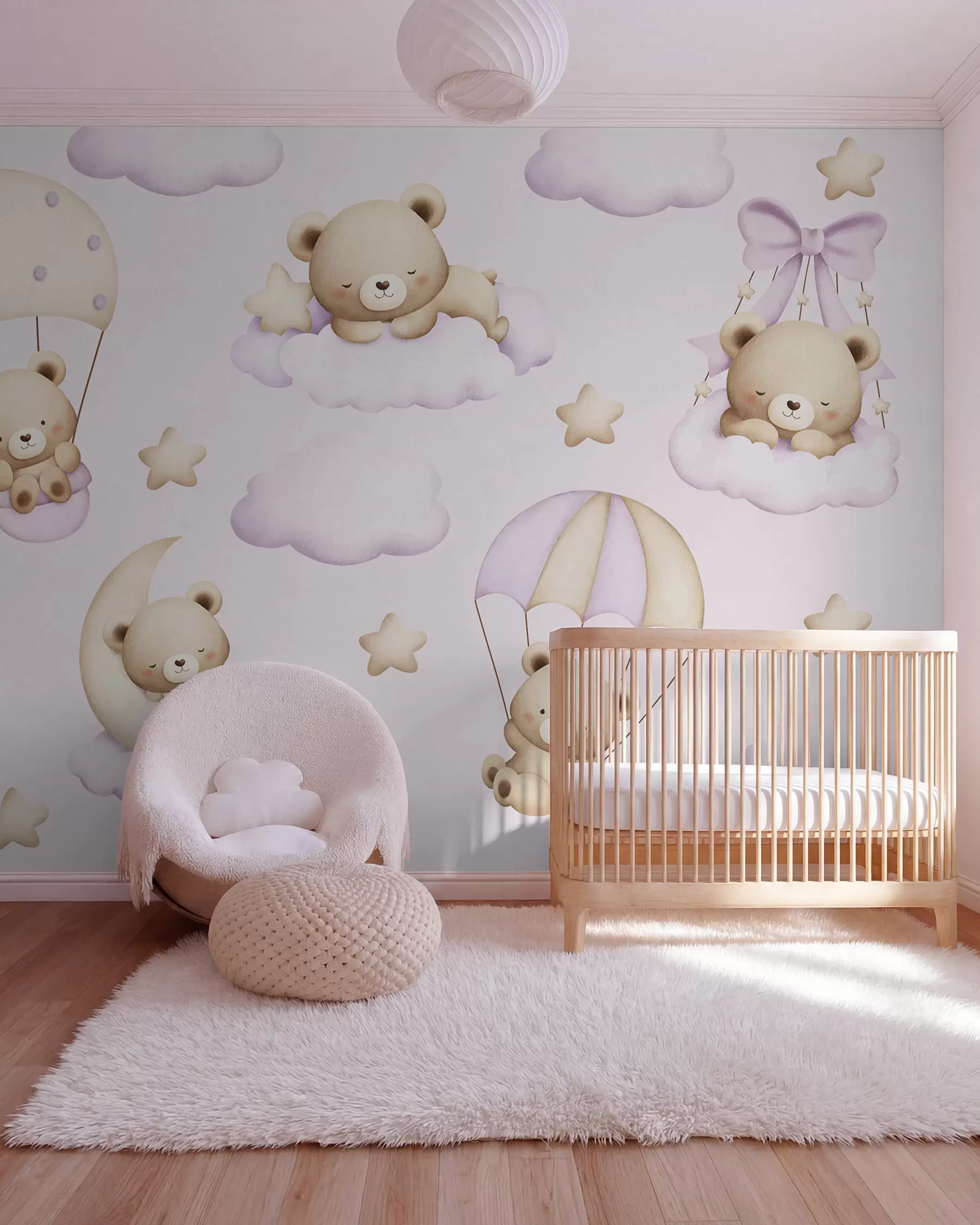Carta da parati per Bambini Orsi su paracadute e nuvole su sfondo rosa 