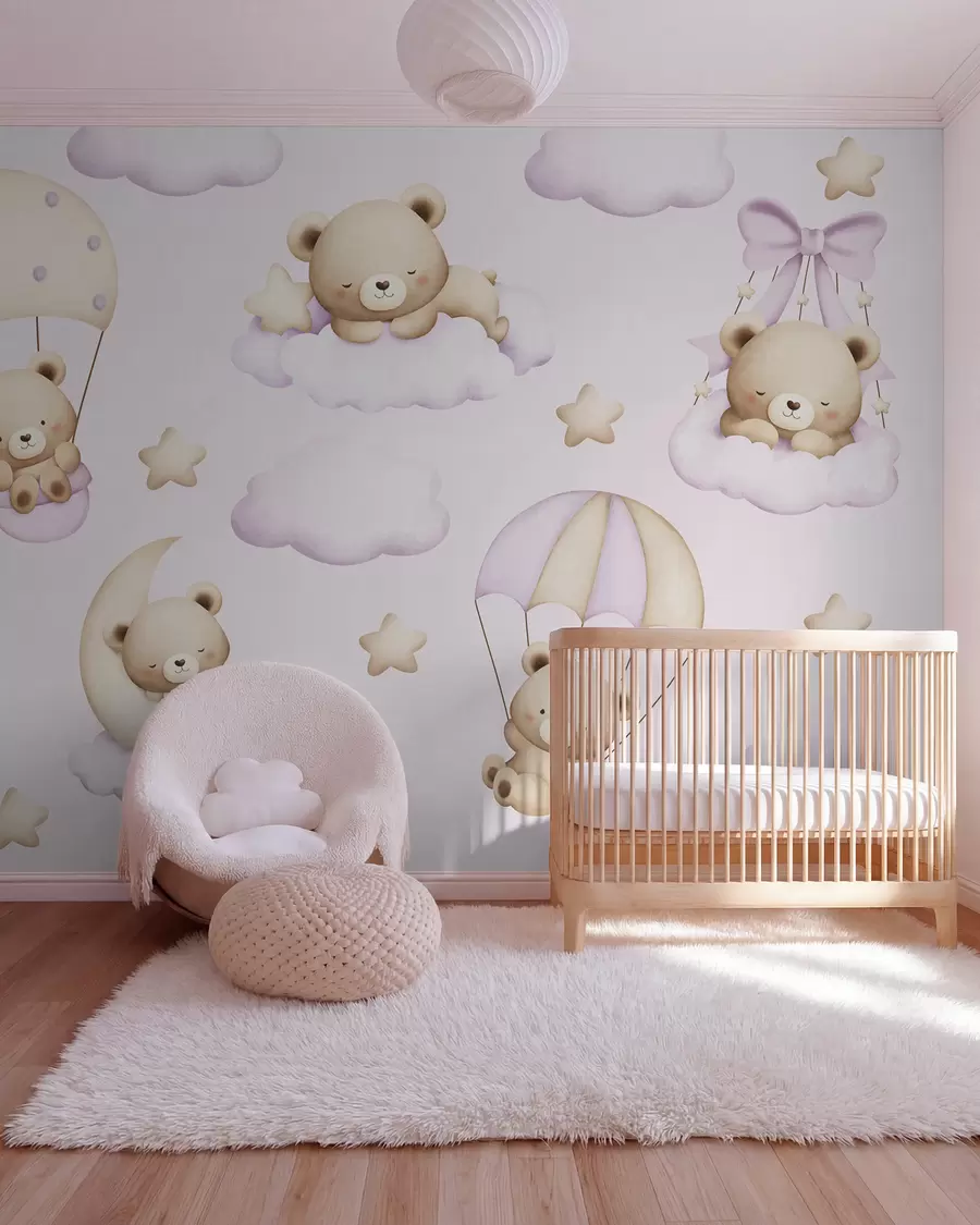 Carta da parati per Bambini Orsi su paracadute e nuvole su sfondo rosa 