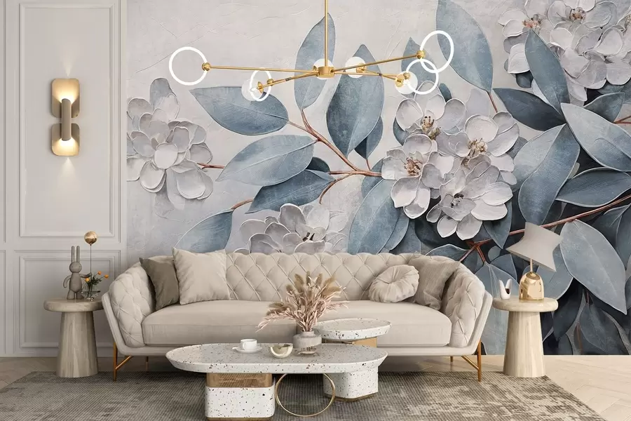 Carta da parati Floreale Delicati fiori bianchi con foglie grigio-verdi su uno sfondo morbido e tenue in stile pittura a olio  n. w08437