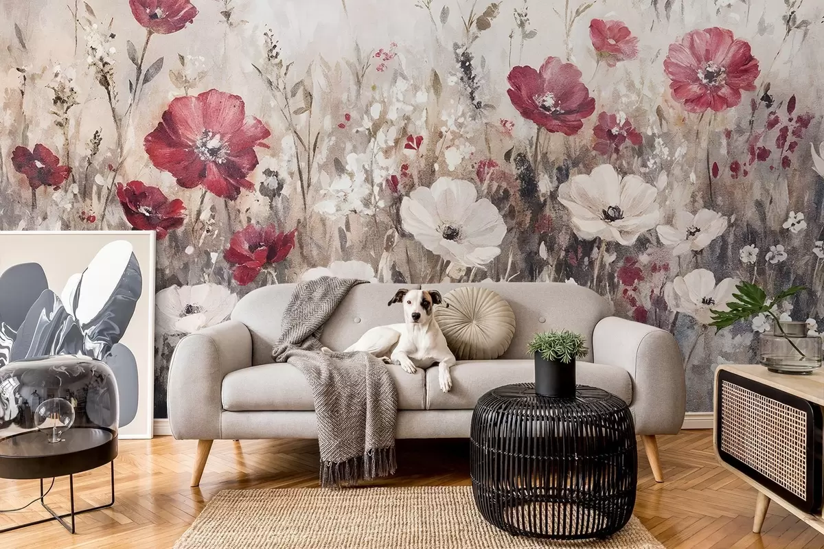 carta da parati Un campo di fiori bianchi e rossi vivaci su uno sfondo morbido e nebuloso in stile pittura a olio nr. w08438