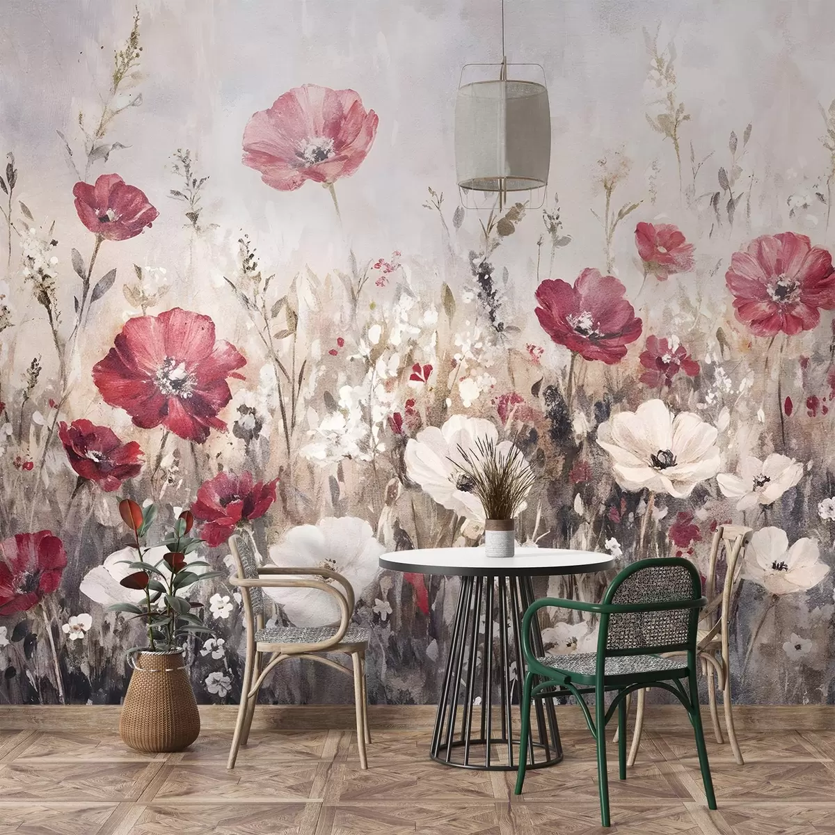 carta da parati Un campo di fiori bianchi e rossi vivaci su uno sfondo morbido e nebuloso in stile pittura a olio nr. w08438