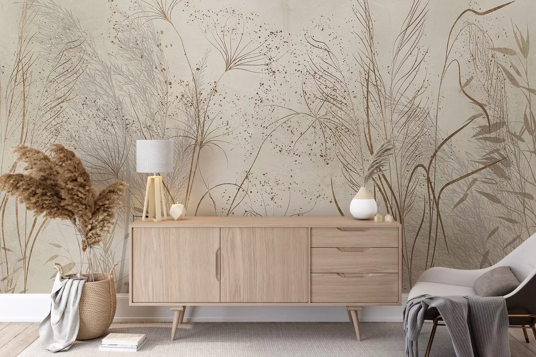 carta da parati Illustrazione monocromatica di varie piante e spighette beige con linee e texture delicate e filiformi  nr. w08441