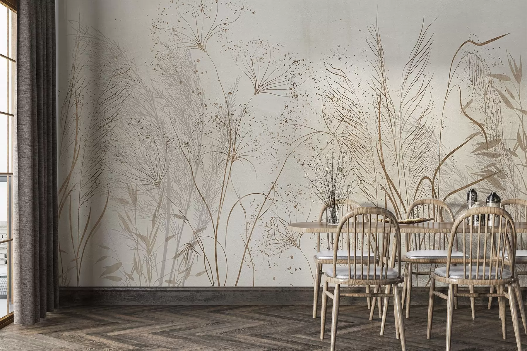 carta da parati Illustrazione monocromatica di varie piante e spighette beige con linee e texture delicate e filiformi  nr. w08441